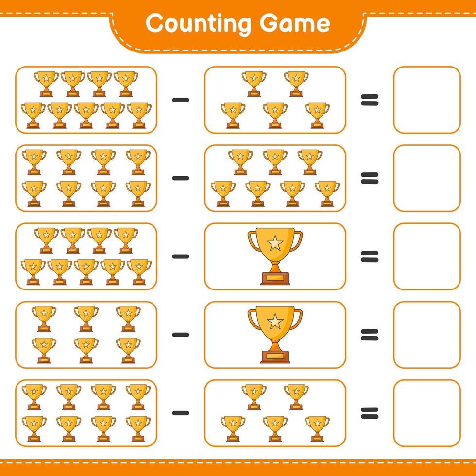 Count and match, count the number of Trophy and match with the right numbers. Educational children game, printable worksheet, vector illustration