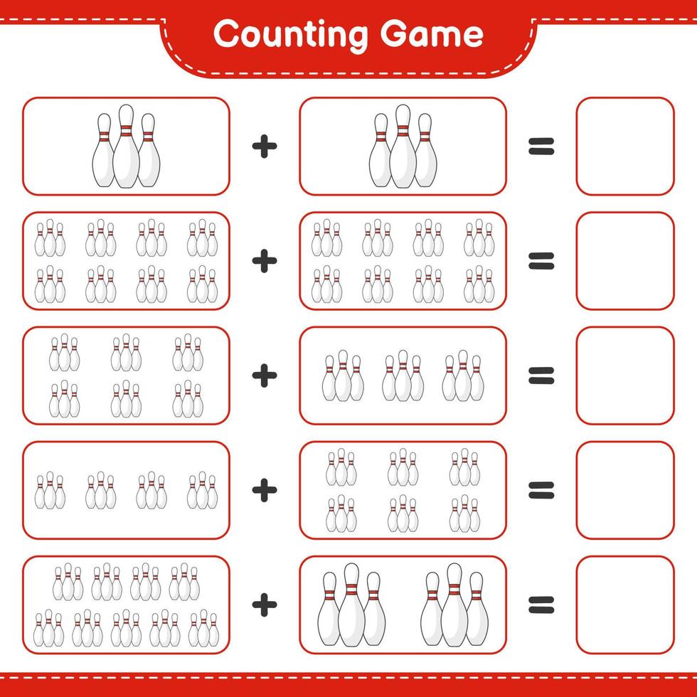 cuenta y empareja, cuenta el número de bolos y empareja con los números correctos. juego educativo para niños, hoja de cálculo imprimible, ilustración vectorial vector