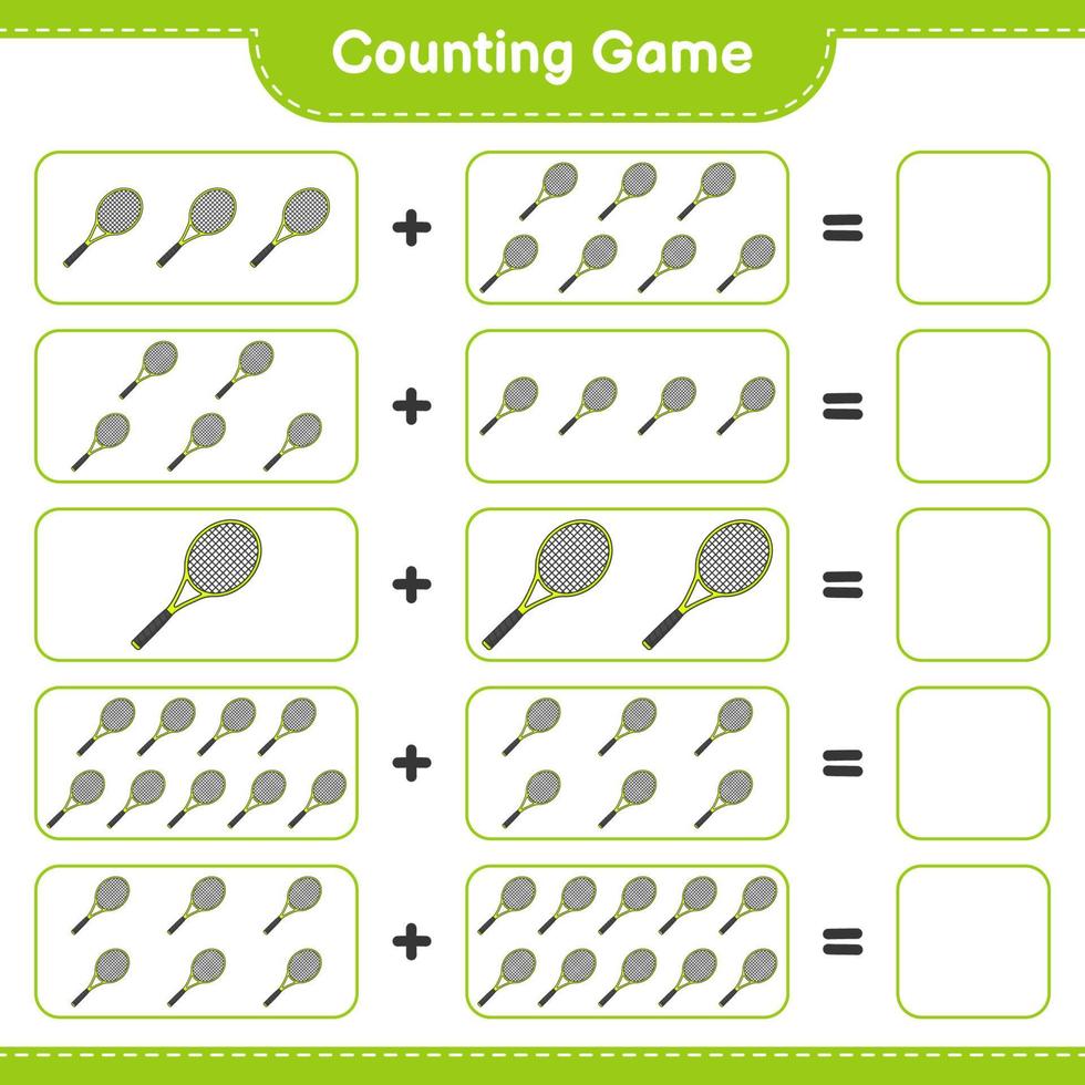 Count and match, count the number of Tennis Racket and match with the right numbers. Educational children game, printable worksheet, vector illustration