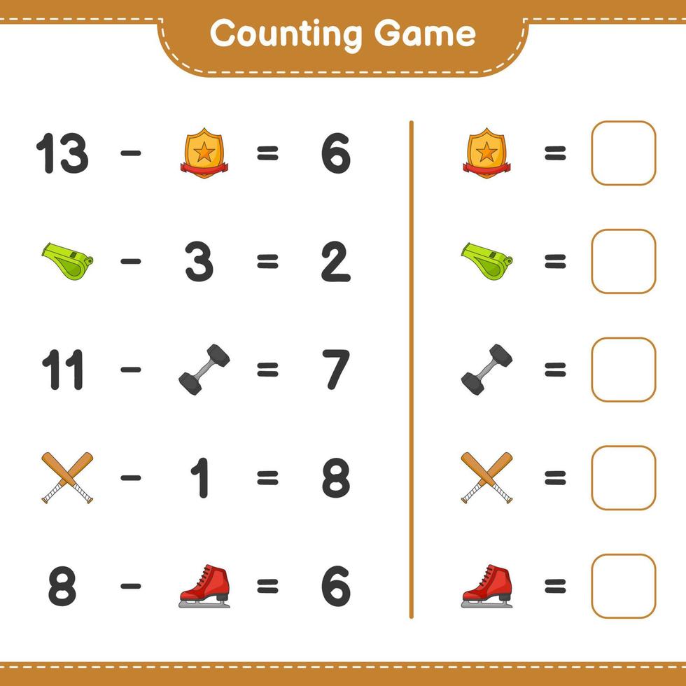 Count and match, count the number of Ice Skates, Whistle, Dumbbell, Baseball Bat, Trophy and match with the right numbers. Educational children game, printable worksheet, vector illustration