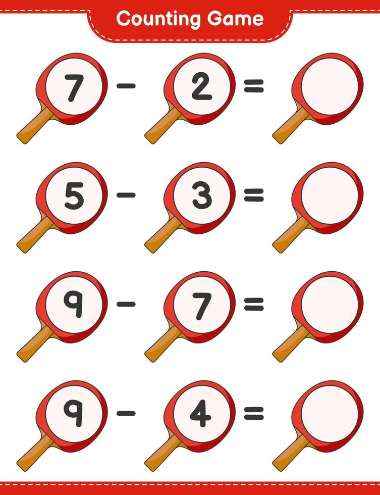 Count and match, count the number of Ping Pong Racket and match with the right numbers. Educational children game, printable worksheet, vector illustration