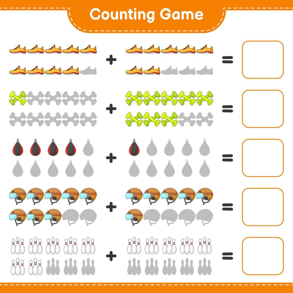 Count and match, count the number of Hockey Helmet, Running Shoes, Bowling Pin, Dumbbell Punching Bag and match with the right numbers. Educational children game, printable worksheet vector
