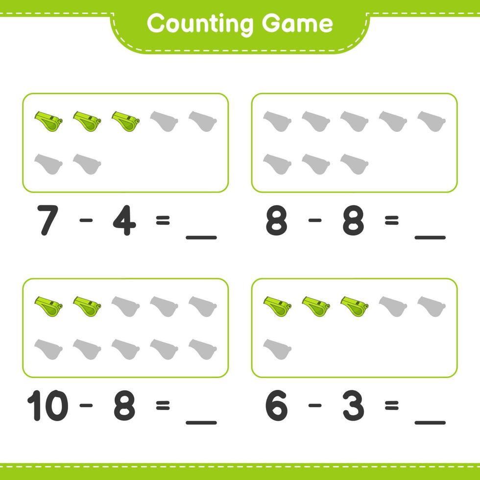 Count and match, count the number of Whistle and match with the right numbers. Educational children game, printable worksheet, vector illustration