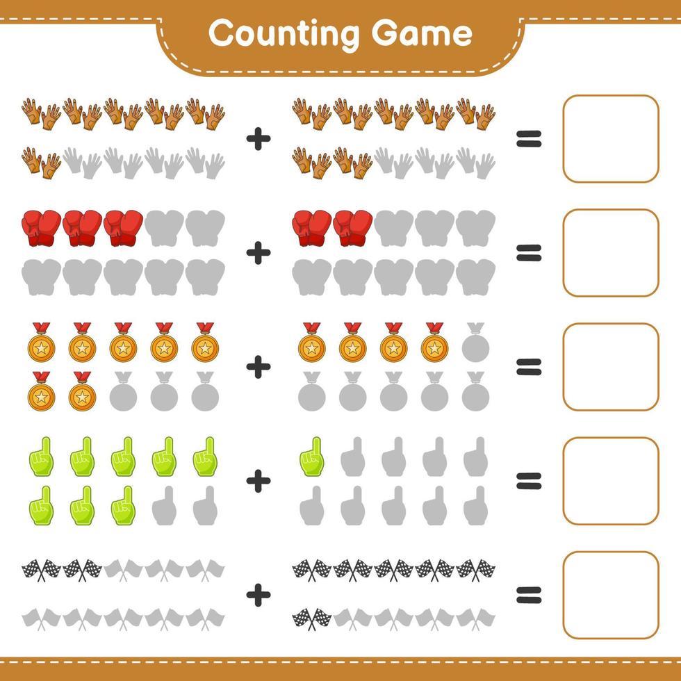 Count and match, count the number of Foam Finger, Trophy, Racing Flags, Boxing Gloves, Golf Gloves and match with the right numbers. Educational children game, printable worksheet, vector illustration