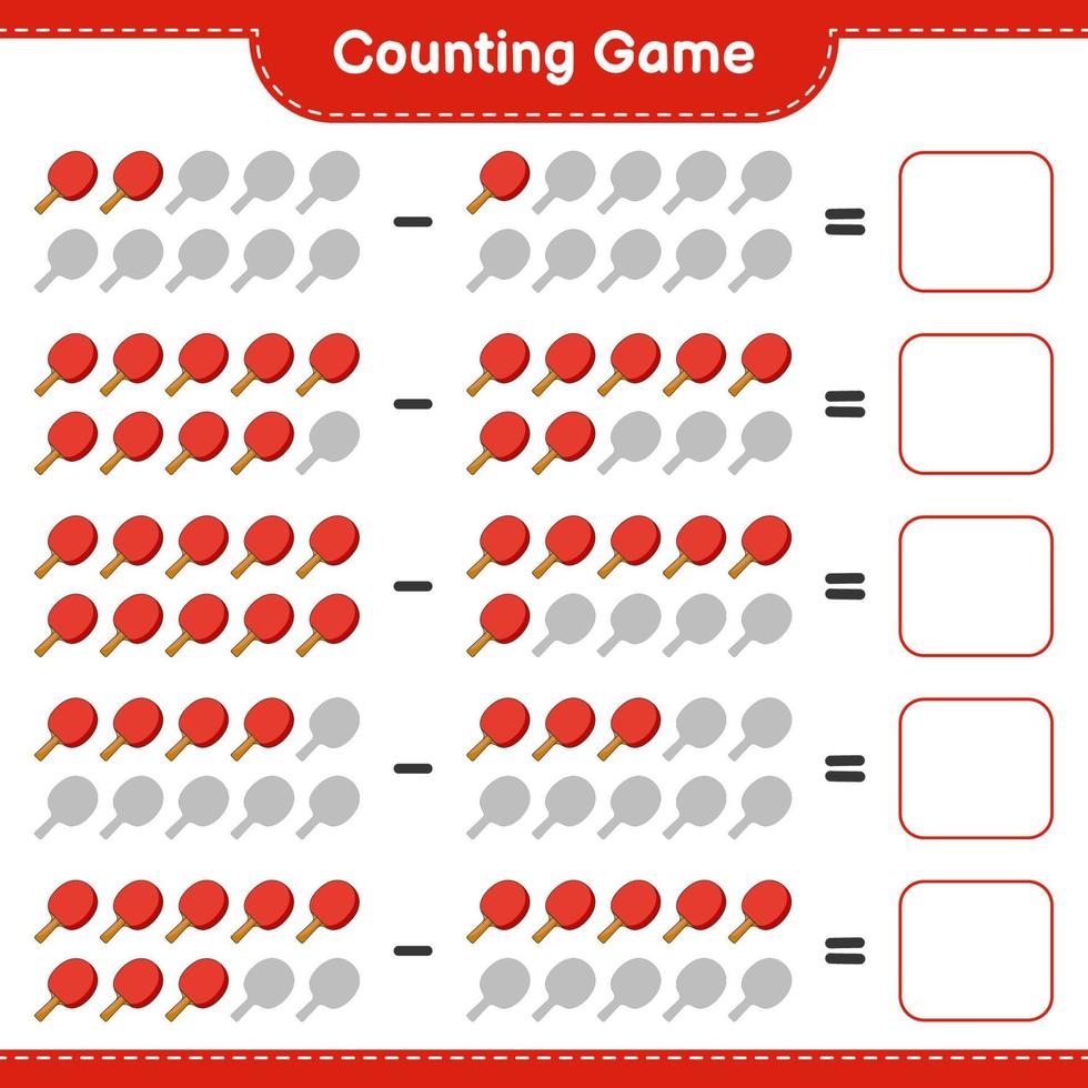 Count and match, count the number of Ping Pong Racket and match with the right numbers. Educational children game, printable worksheet, vector illustration