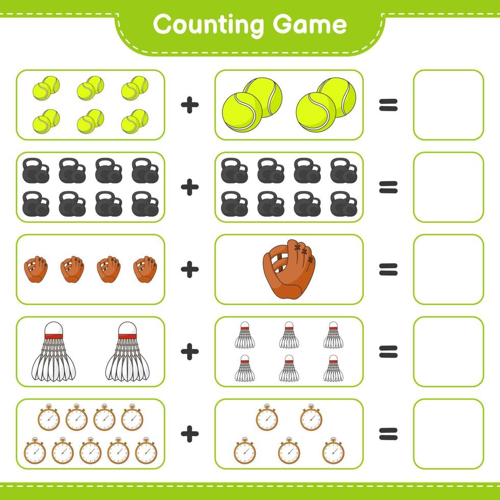 Count and match, count the number of Baseball Glove, Stopwatch, Tennis Ball, Dumbbell, Shuttlecock and match with the right numbers. Educational children game, printable worksheet, vector illustration