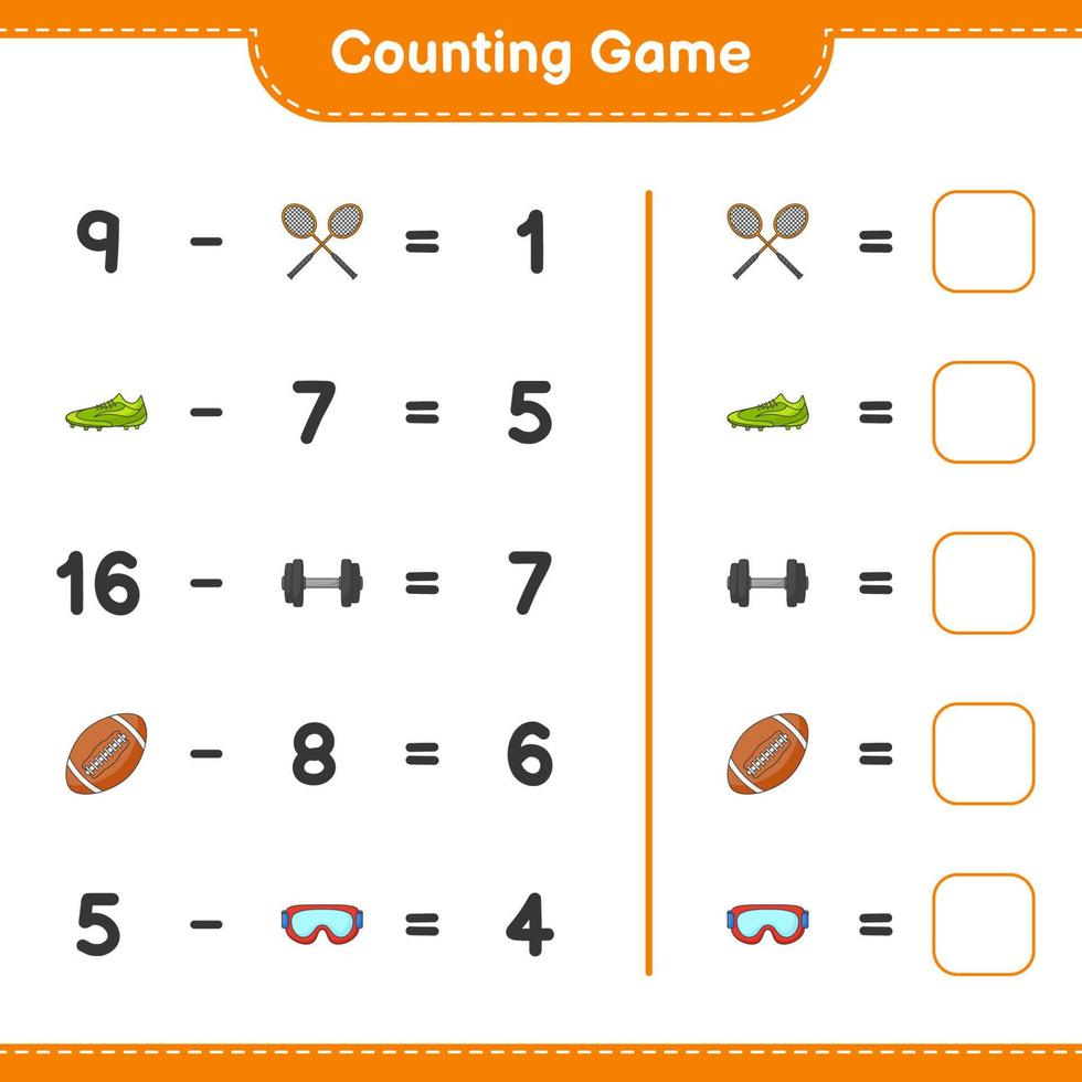 Count and match, count the number of Badminton Rackets, Dumbbell, Rugby Ball, Goggle, Soccer Shoes and match with the right numbers. Educational children game, printable worksheet, vector illustration