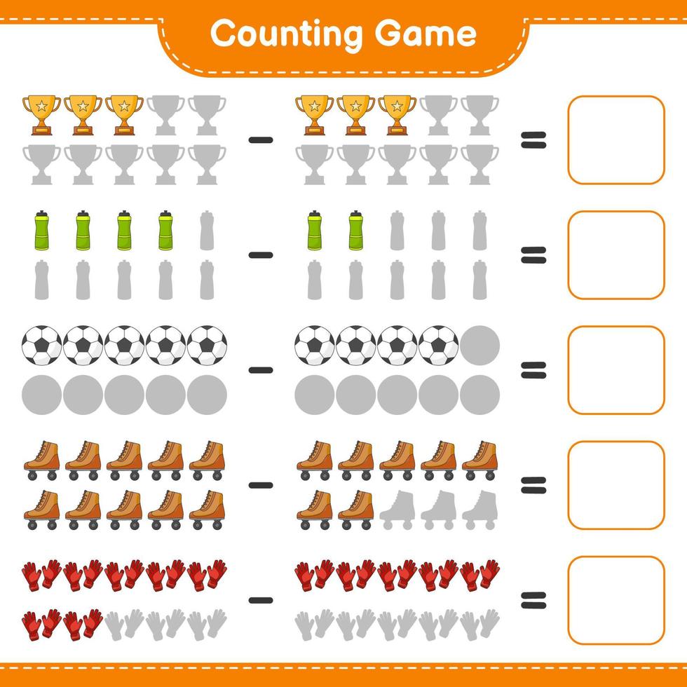 Count and match, count the number of Water Bottle, Trophy, Soccer Ball, Goalkeeper Gloves, Roller Skate and match with the right numbers. Educational children game, printable worksheet vector