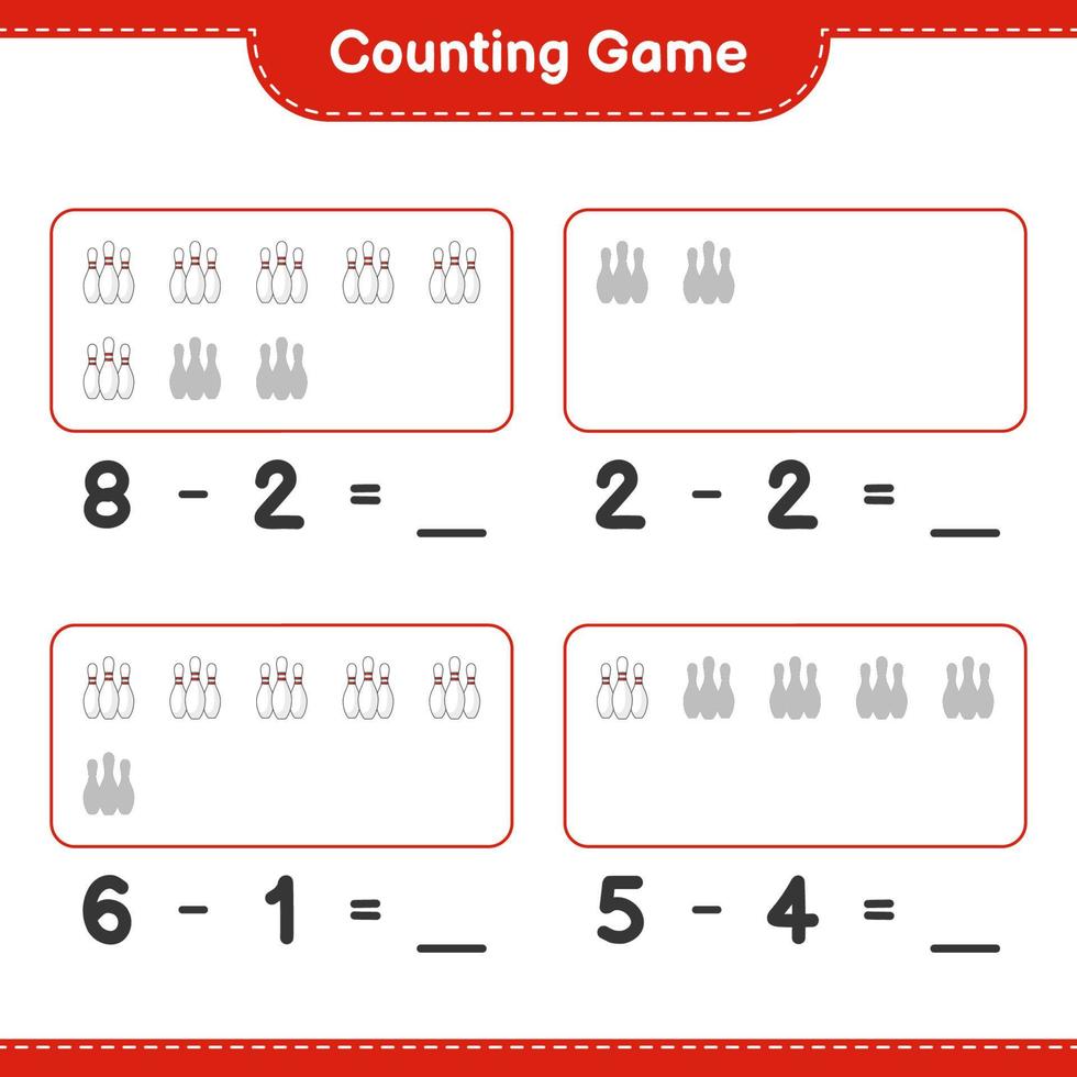 Count and match, count the number of Bowling Pin and match with the right numbers. Educational children game, printable worksheet, vector illustration