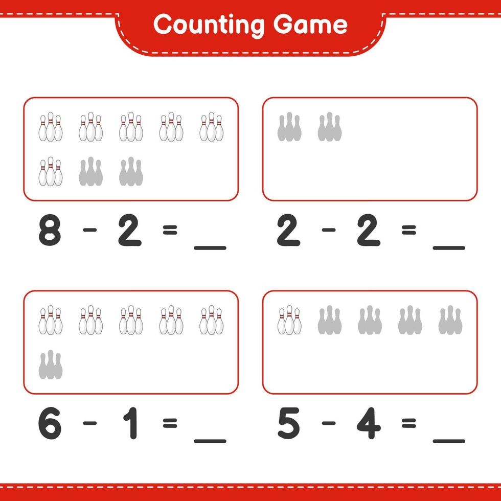 Count and match, count the number of Bowling Pin and match with the right numbers. Educational children game, printable worksheet, vector illustration