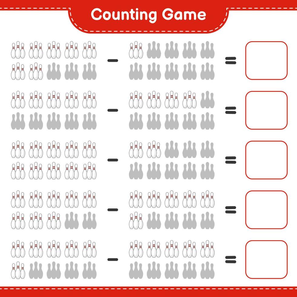 Count and match, count the number of Bowling Pin and match with the right numbers. Educational children game, printable worksheet, vector illustration