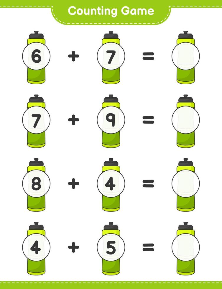 cuente y combine, cuente el número de botellas de agua deportivas y combine con los números correctos. juego educativo para niños, hoja de cálculo imprimible, ilustración vectorial vector