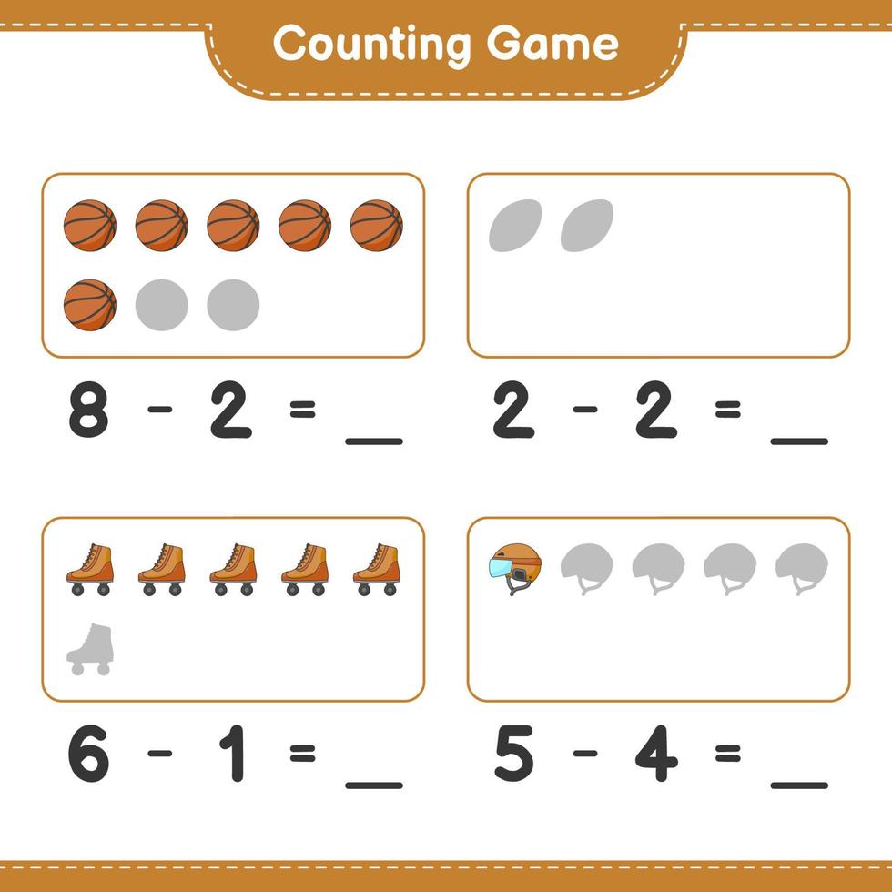 Count and match, count the number of Hockey Helmet, Roller Skate, Basketball, Soccer Ball and match with the right numbers. Educational children game, printable worksheet, vector illustration