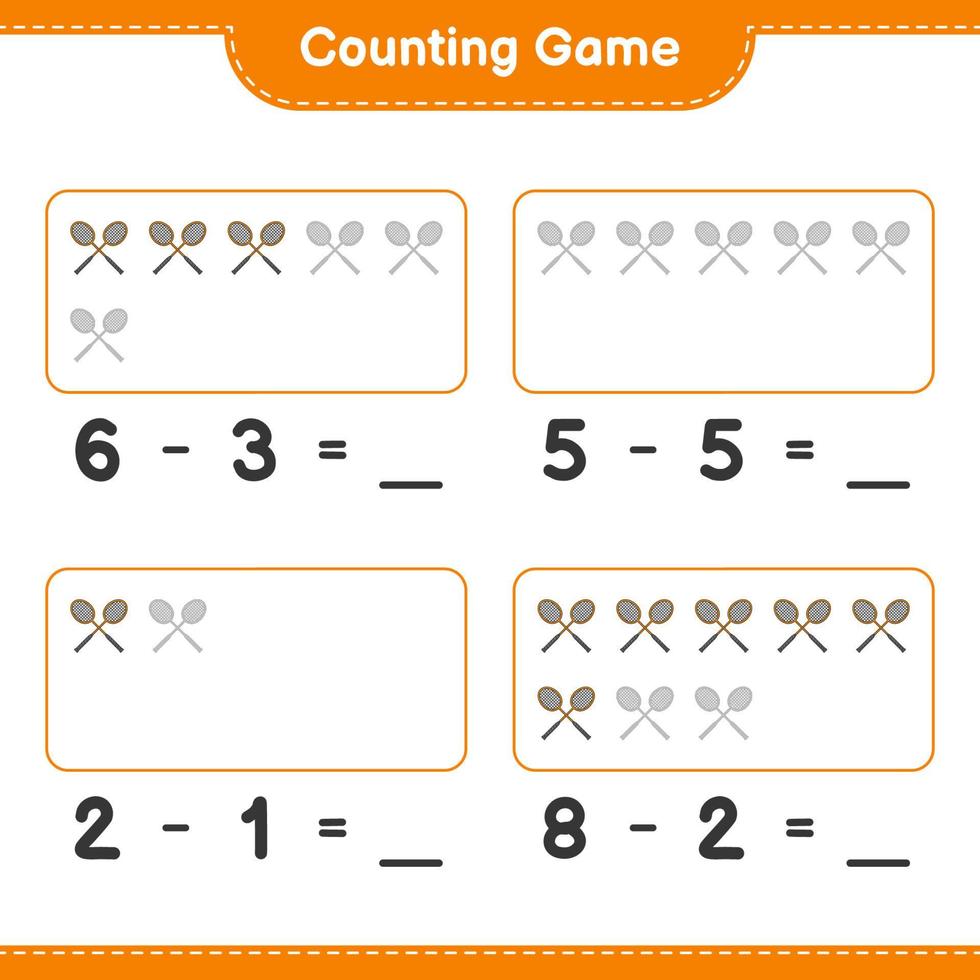 Count and match, count the number of Badminton Rackets and match with the right numbers. Educational children game, printable worksheet, vector illustration