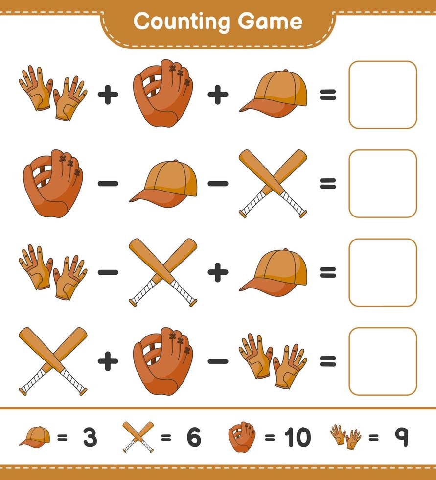Count and match, count the number of Baseball Glove, Golf Gloves, Cap Hat, Baseball Bat and match with the right numbers. Educational children game, printable worksheet, vector illustration