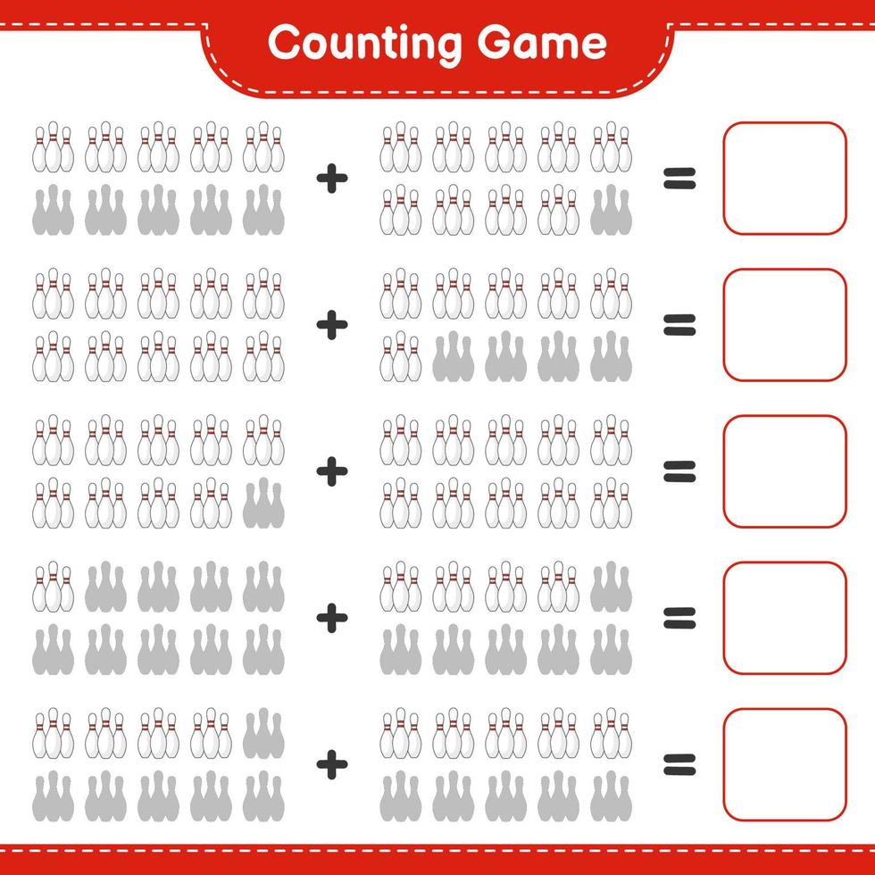 Count and match, count the number of Bowling Pin and match with the right numbers. Educational children game, printable worksheet, vector illustration