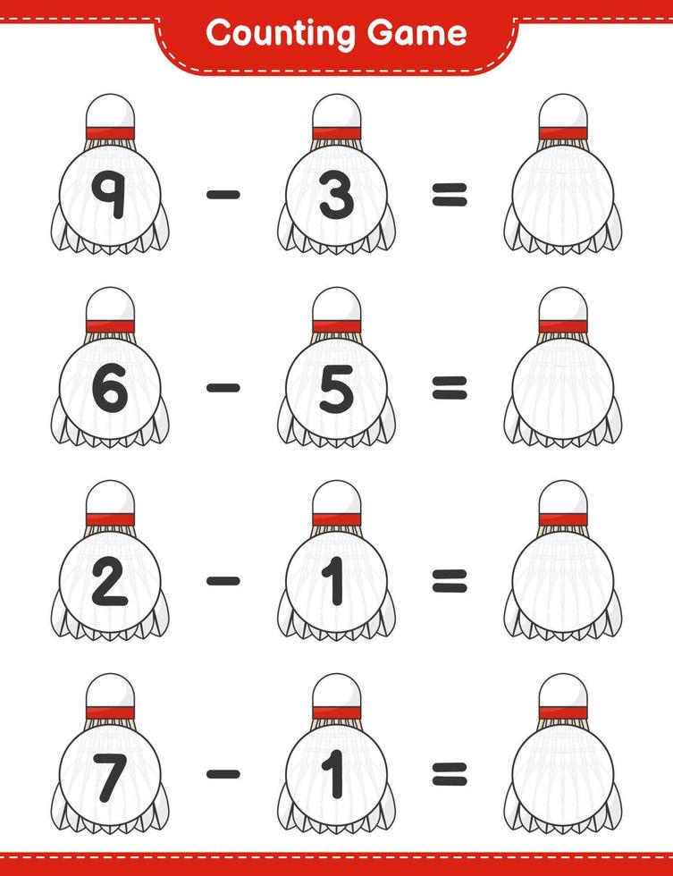 Count and match, count the number of Shuttlecock and match with the right numbers. Educational children game, printable worksheet, vector illustration