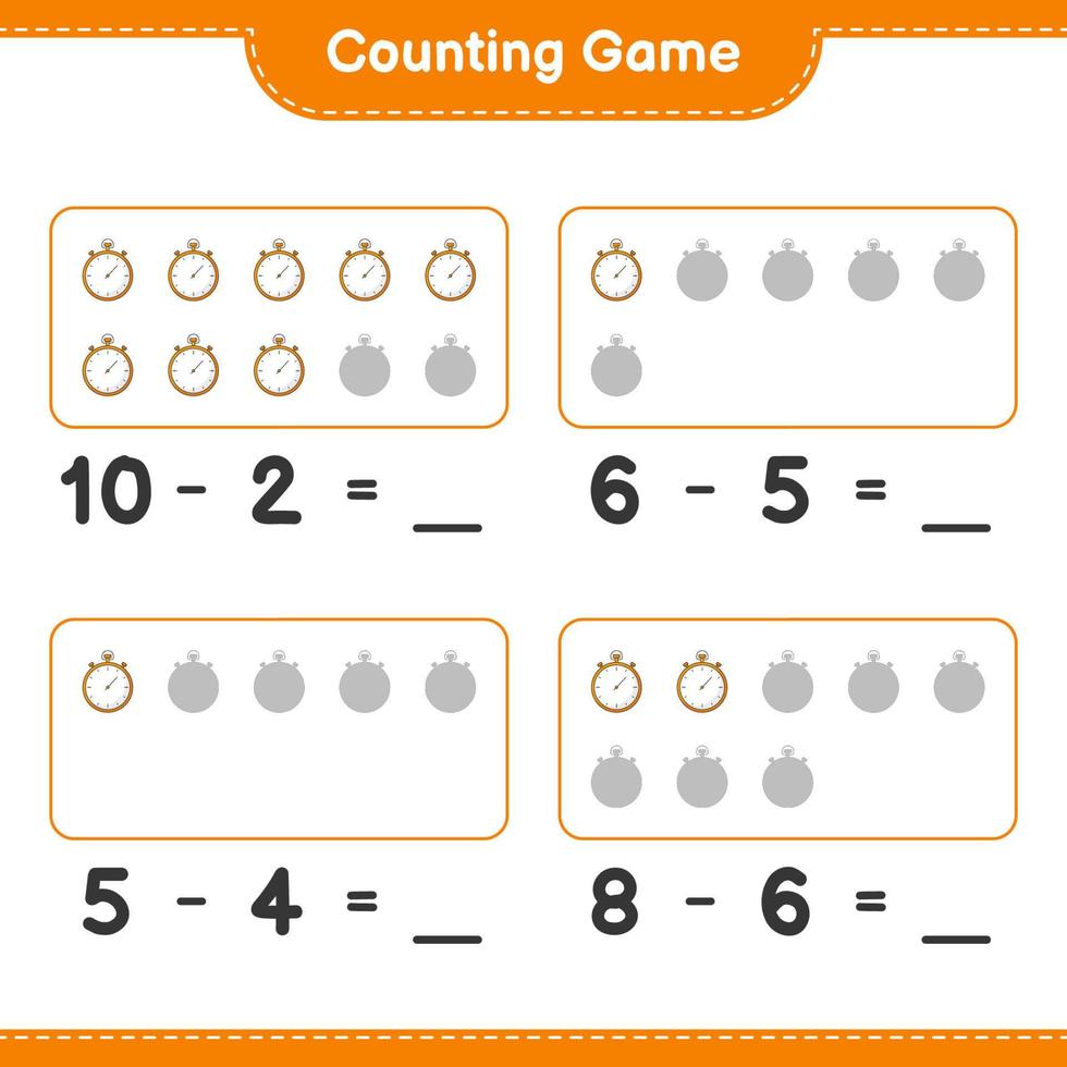 Count and match, count the number of Stopwatch and match with the right numbers. Educational children game, printable worksheet, vector illustration