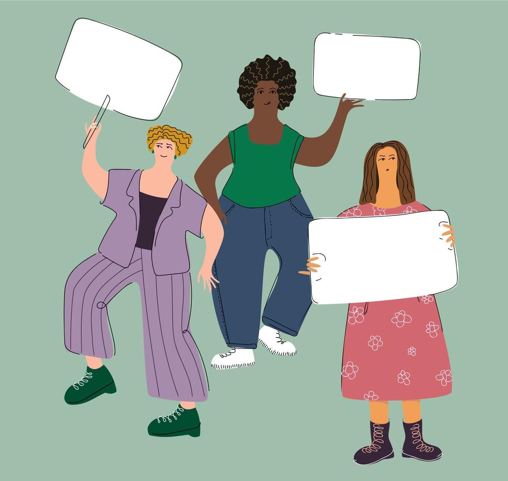 Girls with a placard at a rally. Vector illustration.