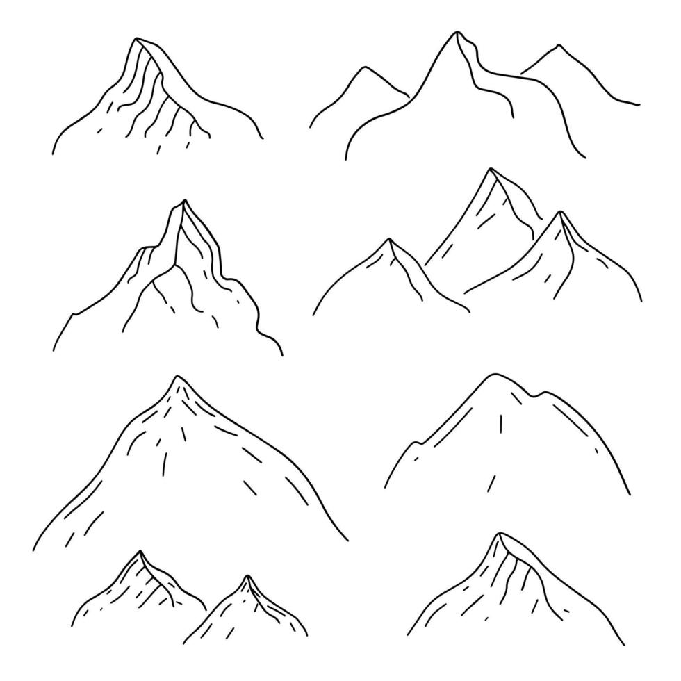 Line art  vector collection mountains on white backdrop. Hand drawn sketch style.