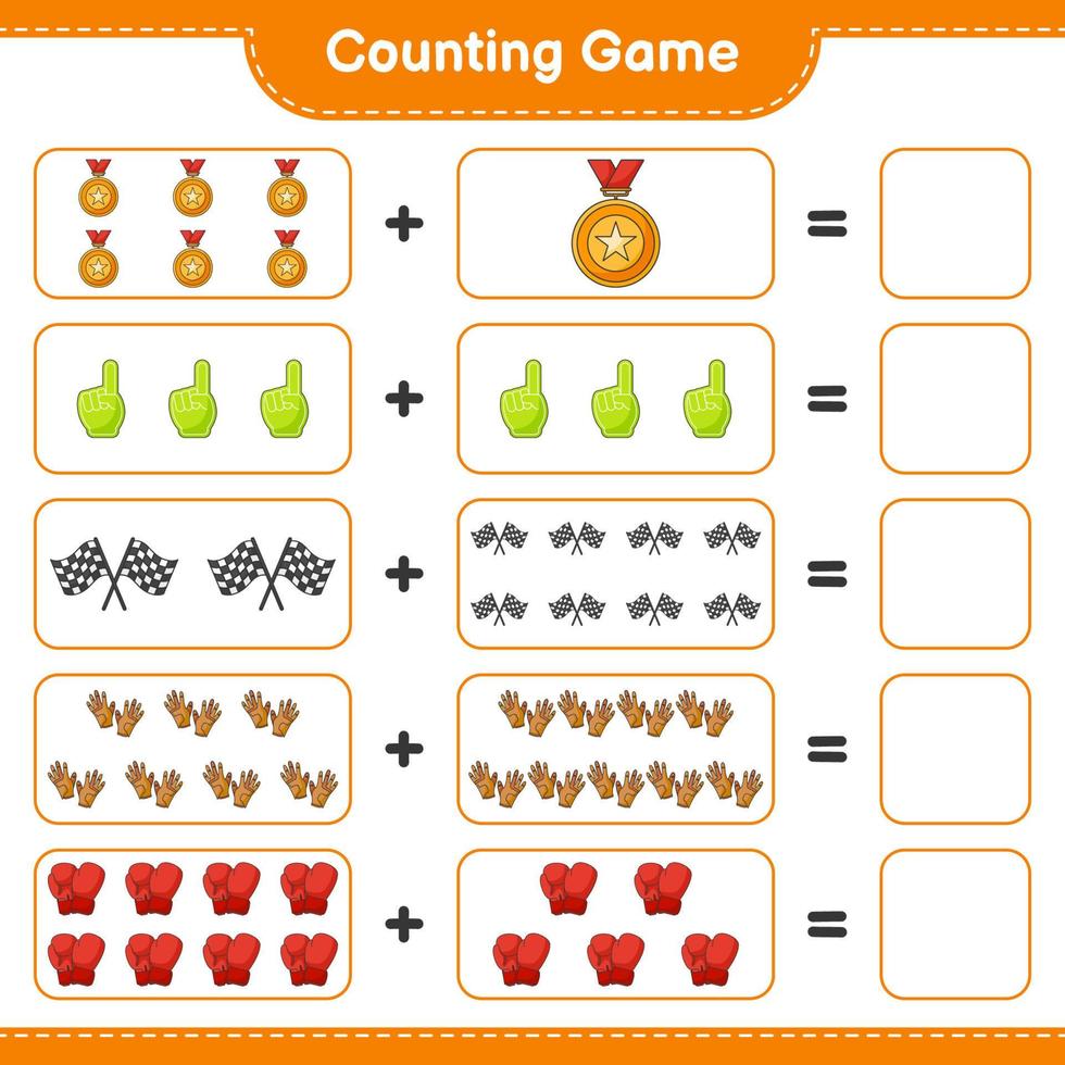 Count and match, count the number of Foam Finger, Trophy, Racing Flags, Boxing Gloves, Golf Gloves and match with the right numbers. Educational children game, printable worksheet, vector illustration