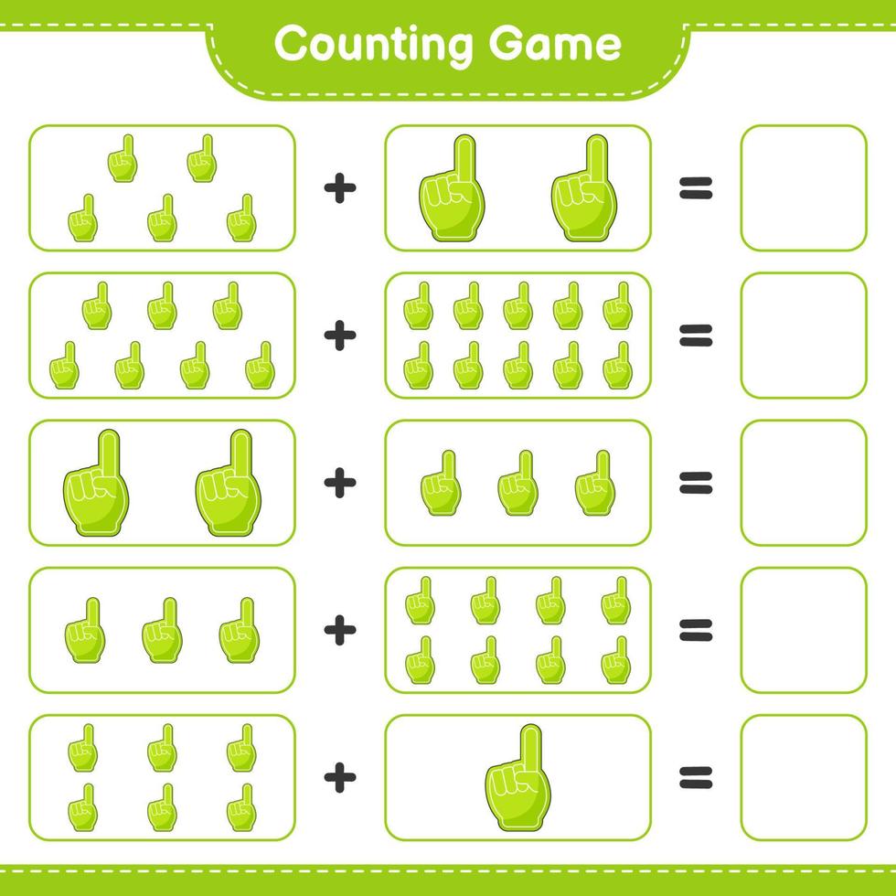 cuente y combine, cuente el número de dedos de espuma y combine con los números correctos. juego educativo para niños, hoja de cálculo imprimible, ilustración vectorial vector