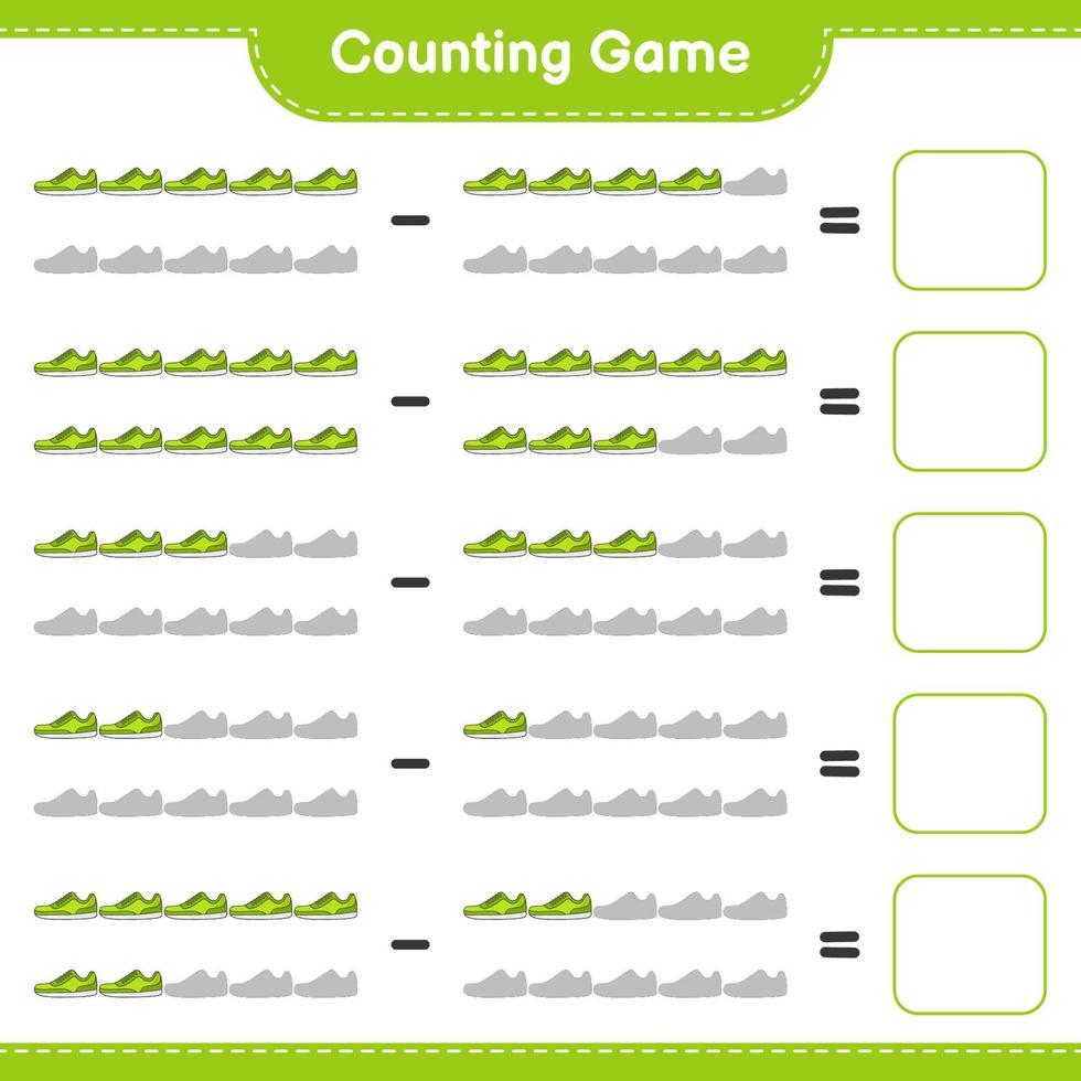 Count and match, count the number of Sneaker and match with the right numbers. Educational children game, printable worksheet, vector illustration