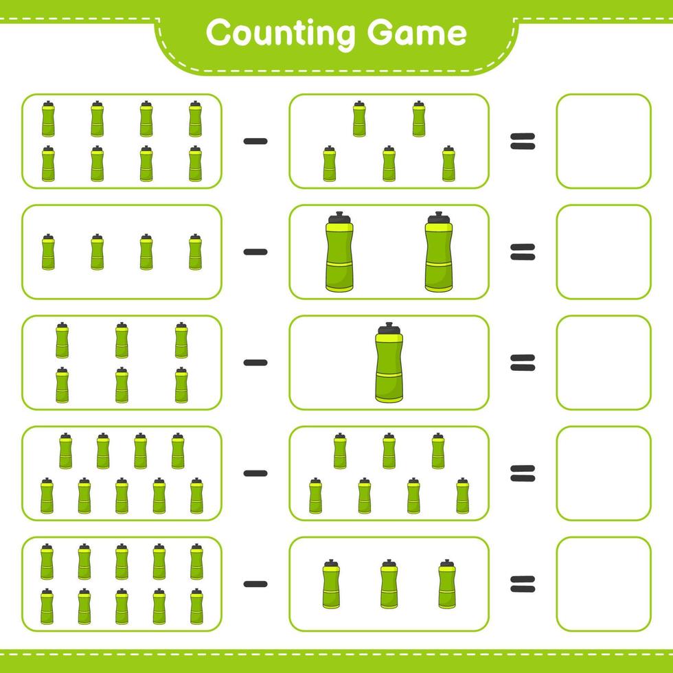 cuente y combine, cuente el número de botellas de agua deportivas y combine con los números correctos. juego educativo para niños, hoja de cálculo imprimible, ilustración vectorial vector