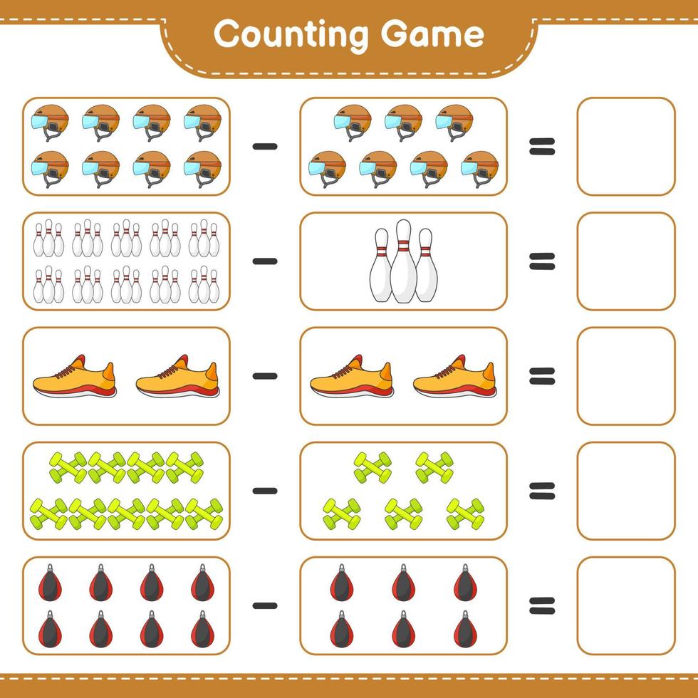 Count and match, count the number of Hockey Helmet, Running Shoes, Bowling Pin, Dumbbell Punching Bag and match with the right numbers. Educational children game, printable worksheet vector