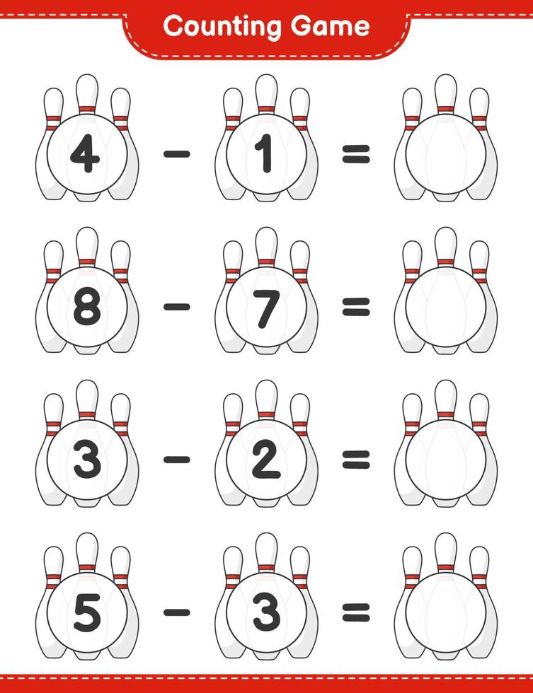 cuenta y empareja, cuenta el número de bolos y empareja con los números correctos. juego educativo para niños, hoja de cálculo imprimible, ilustración vectorial vector