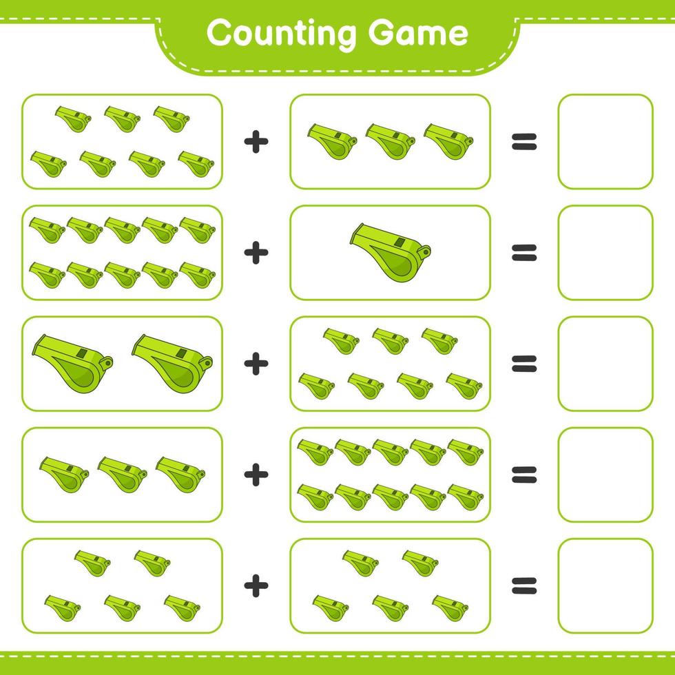 Count and match, count the number of Whistle and match with the right numbers. Educational children game, printable worksheet, vector illustration