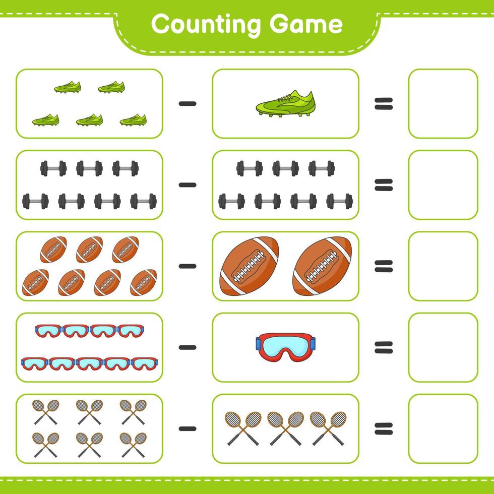 Count and match, count the number of Badminton Rackets, Dumbbell, Rugby Ball, Goggle, Soccer Shoes and match with the right numbers. Educational children game, printable worksheet, vector illustration