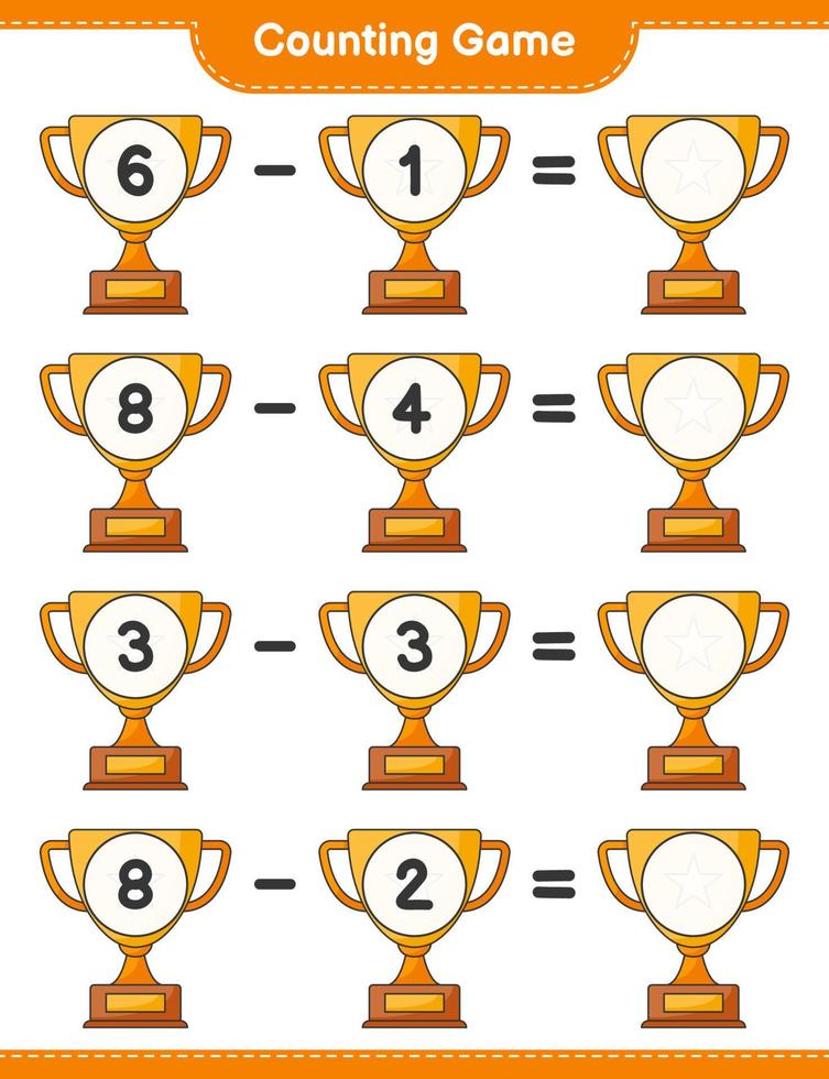 Count and match, count the number of Trophy and match with the right numbers. Educational children game, printable worksheet, vector illustration