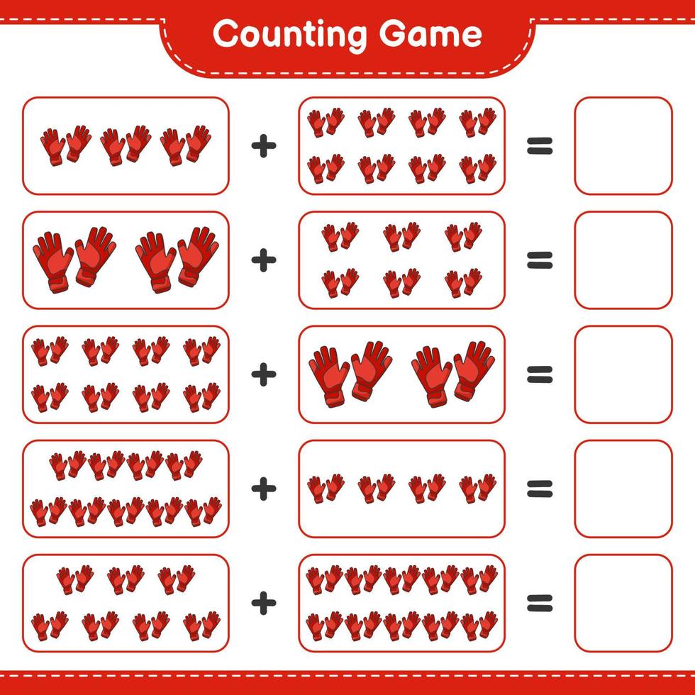 Count and match, count the number of Goalkeeper Gloves and match with the right numbers. Educational children game, printable worksheet, vector illustration