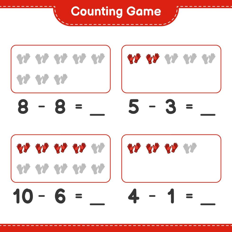 Count and match, count the number of Goalkeeper Gloves and match with the right numbers. Educational children game, printable worksheet, vector illustration