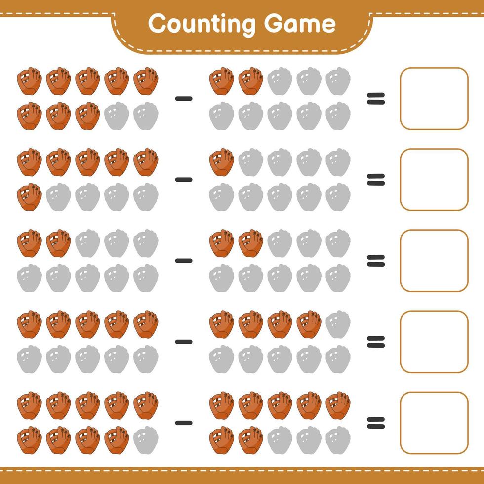 cuenta y empareja, cuenta el número de guantes de béisbol y empareja con los números correctos. juego educativo para niños, hoja de cálculo imprimible, ilustración vectorial vector