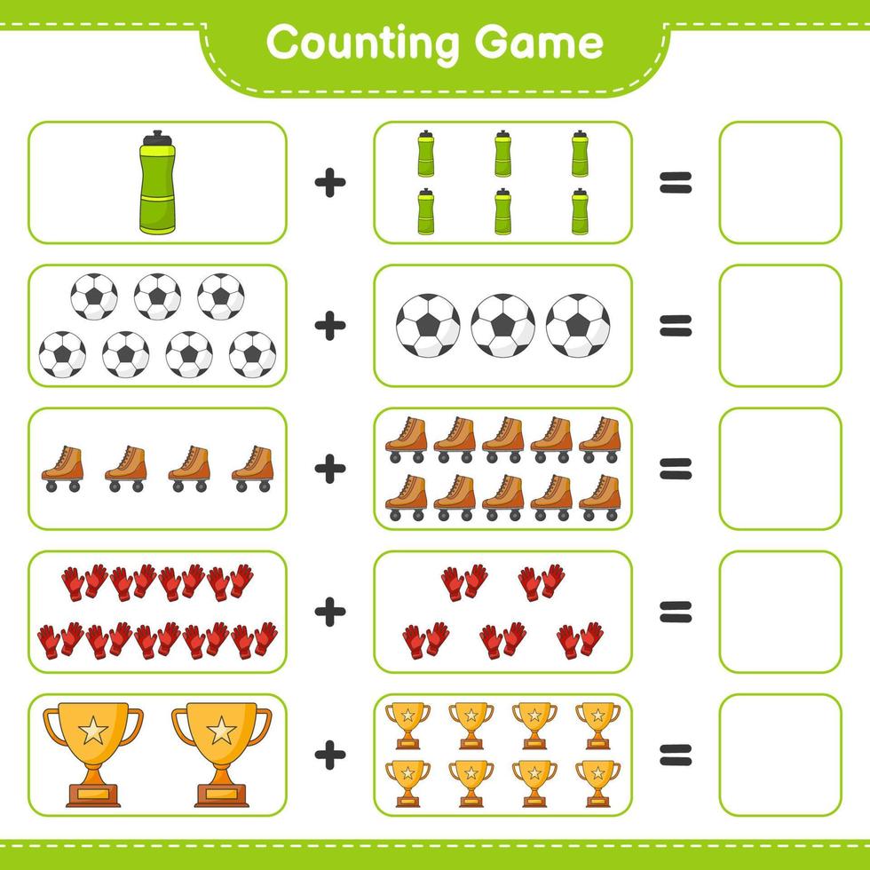 cuenta y combina, cuenta el número de botellas de agua, trofeos, balones de fútbol, guantes de portero, patines y combina con los números correctos. juego educativo para niños, hoja de trabajo imprimible vector