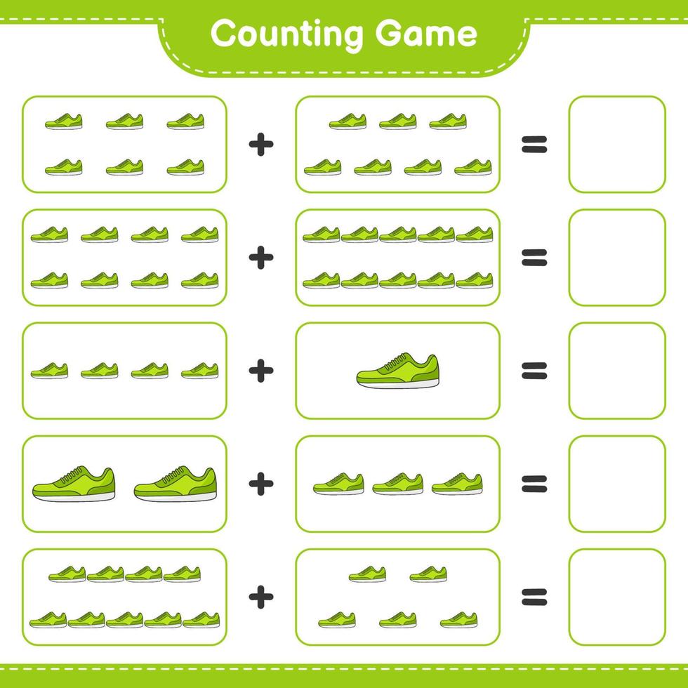 Count and match, count the number of Sneaker and match with the right numbers. Educational children game, printable worksheet, vector illustration