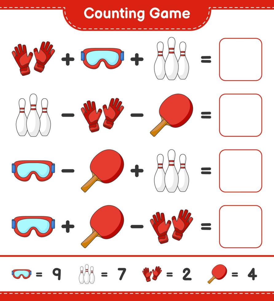 cuente y combine, cuente el número de bolos, gafas, raqueta de ping pong, guantes de portero y combine con los números correctos. juego educativo para niños, hoja de cálculo imprimible, ilustración vectorial vector