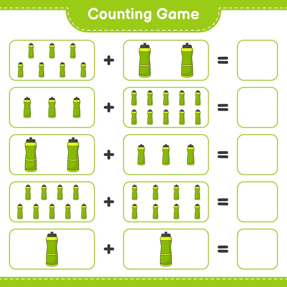 cuente y combine, cuente el número de botellas de agua deportivas y combine con los números correctos. juego educativo para niños, hoja de cálculo imprimible, ilustración vectorial vector