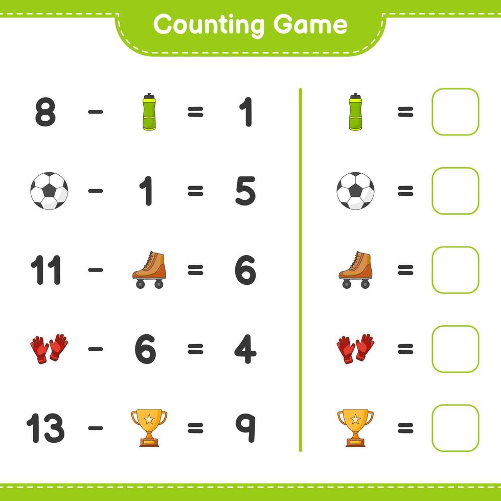 Count and match, count the number of Water Bottle, Trophy, Soccer Ball, Goalkeeper Gloves, Roller Skate and match with the right numbers. Educational children game, printable worksheet vector