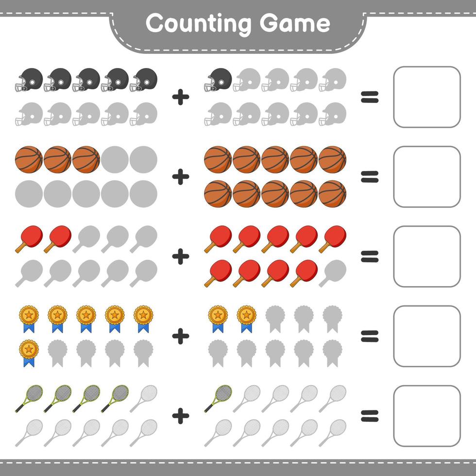 cuente y combine, cuente el número de raquetas de ping pong, baloncesto, trofeos, cascos de fútbol, raquetas de tenis y combine con los números correctos. juego educativo para niños, hoja de trabajo imprimible vector