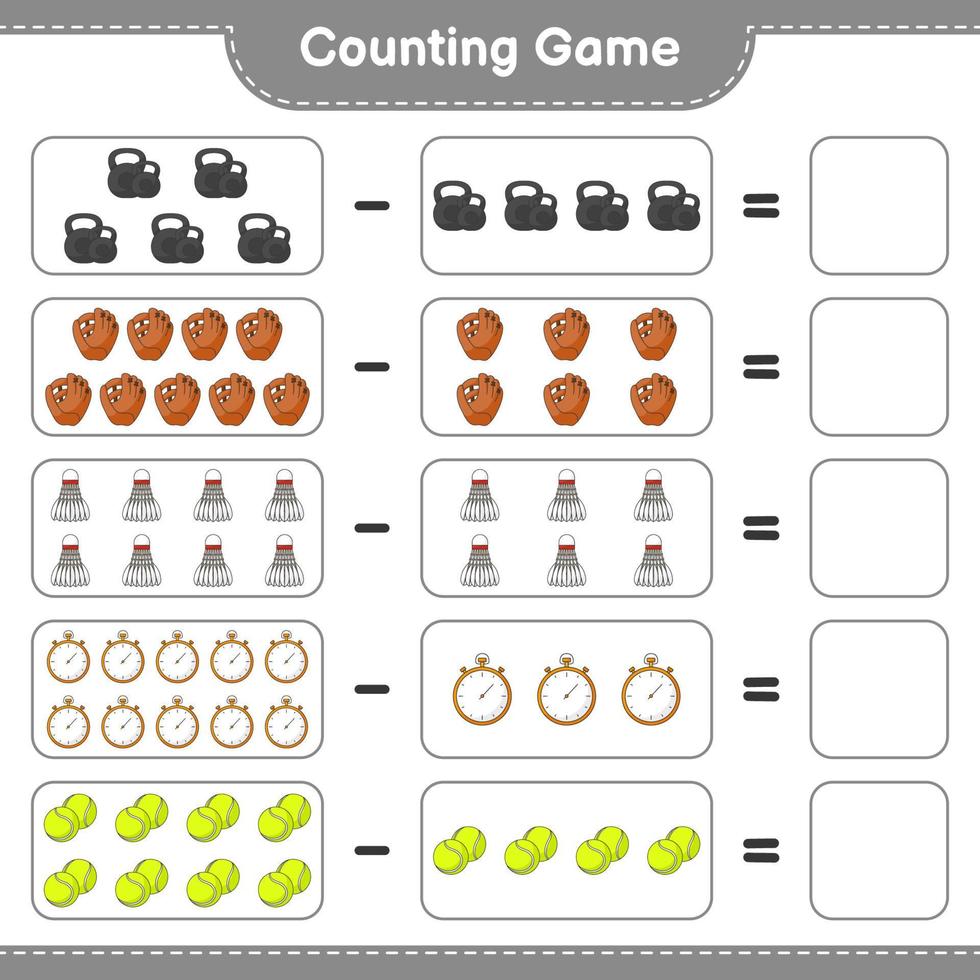 Count and match, count the number of Baseball Glove, Stopwatch, Tennis Ball, Dumbbell, Shuttlecock and match with the right numbers. Educational children game, printable worksheet, vector illustration