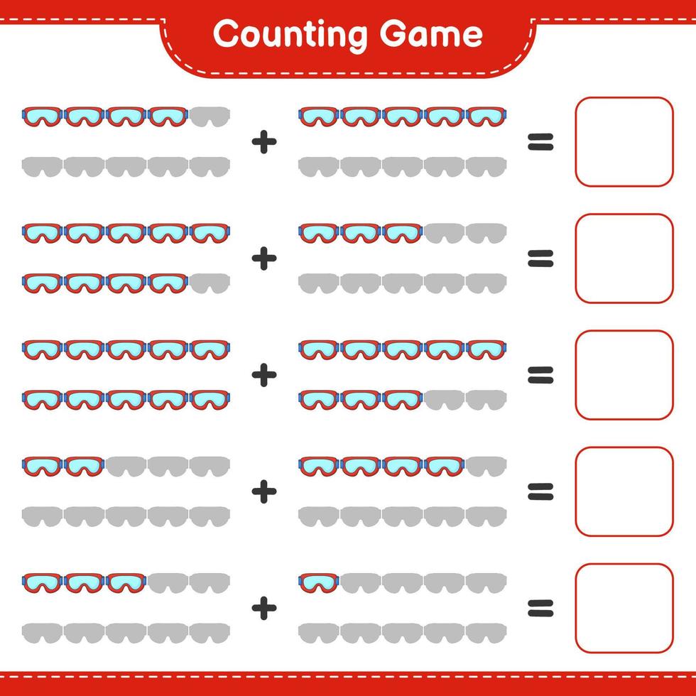 Count and match, count the number of Goggle and match with the right numbers. Educational children game, printable worksheet, vector illustration