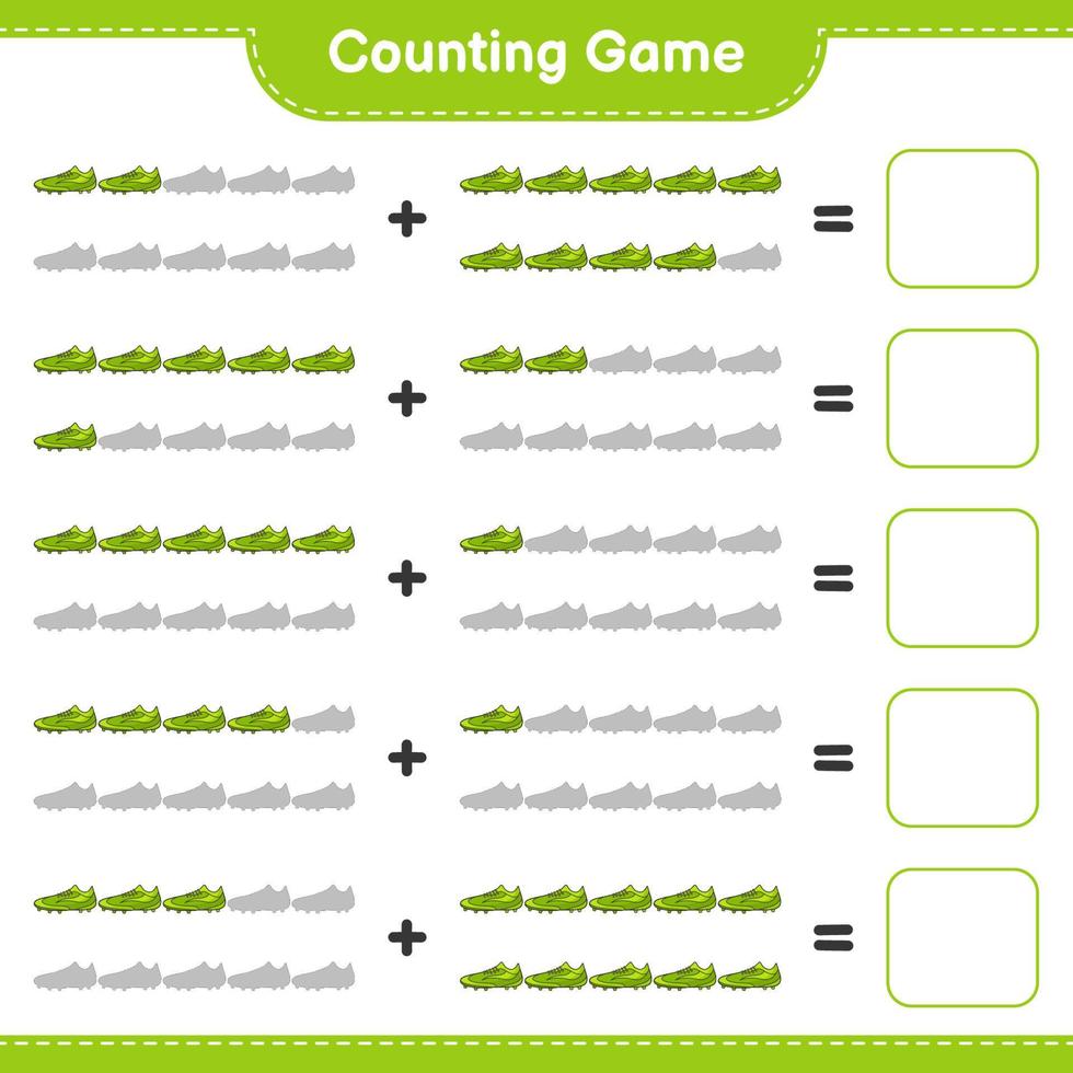 Count and match, count the number of Soccer Shoes and match with the right numbers. Educational children game, printable worksheet, vector illustration