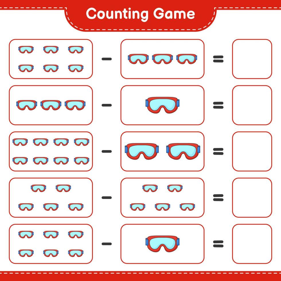 Count and match, count the number of Goggle and match with the right numbers. Educational children game, printable worksheet, vector illustration