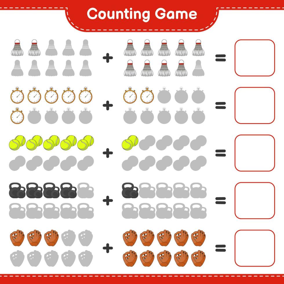 Count and match, count the number of Baseball Glove, Stopwatch, Tennis Ball, Dumbbell, Shuttlecock and match with the right numbers. Educational children game, printable worksheet, vector illustration