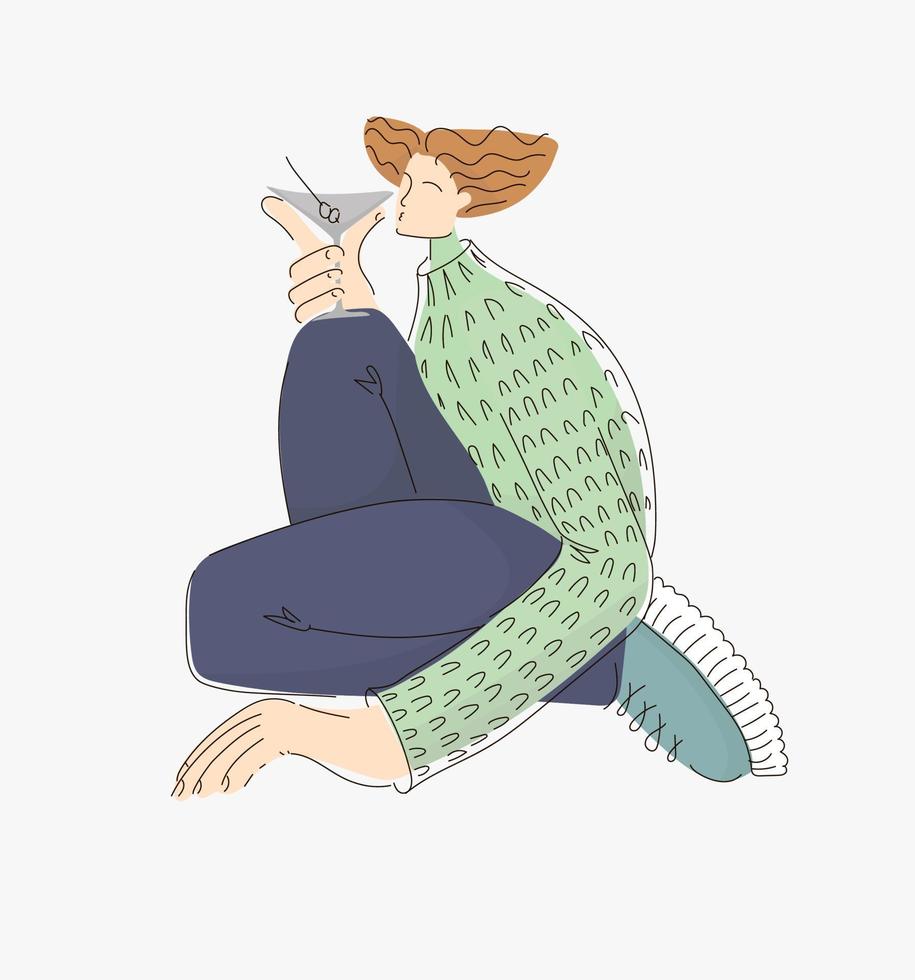 girl with martini glass drawn in doodle style. vector