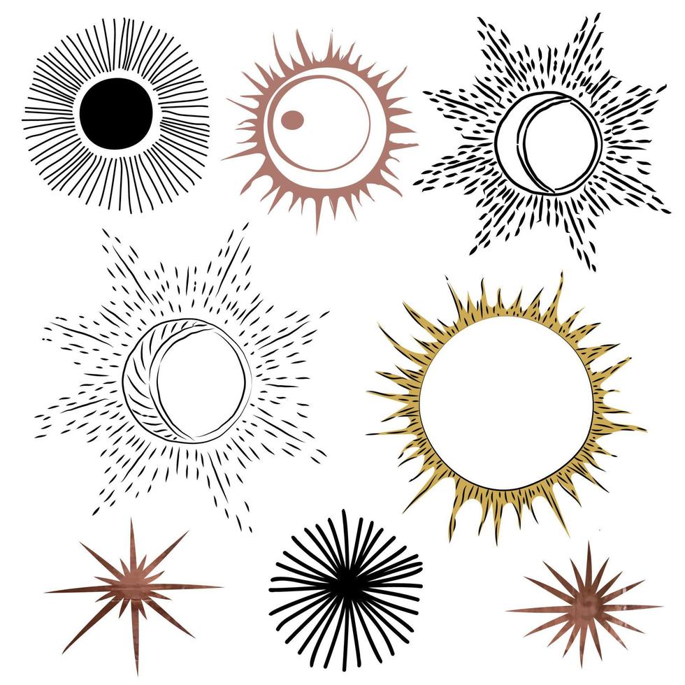 Set of abstract vector stars, planets, sun in different styles.