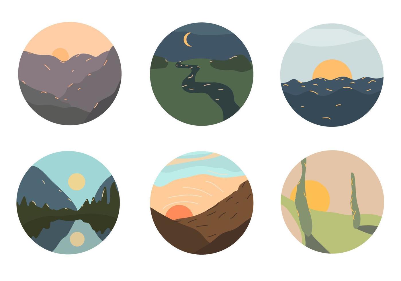 Set of abstract landscapes in a circle. vector